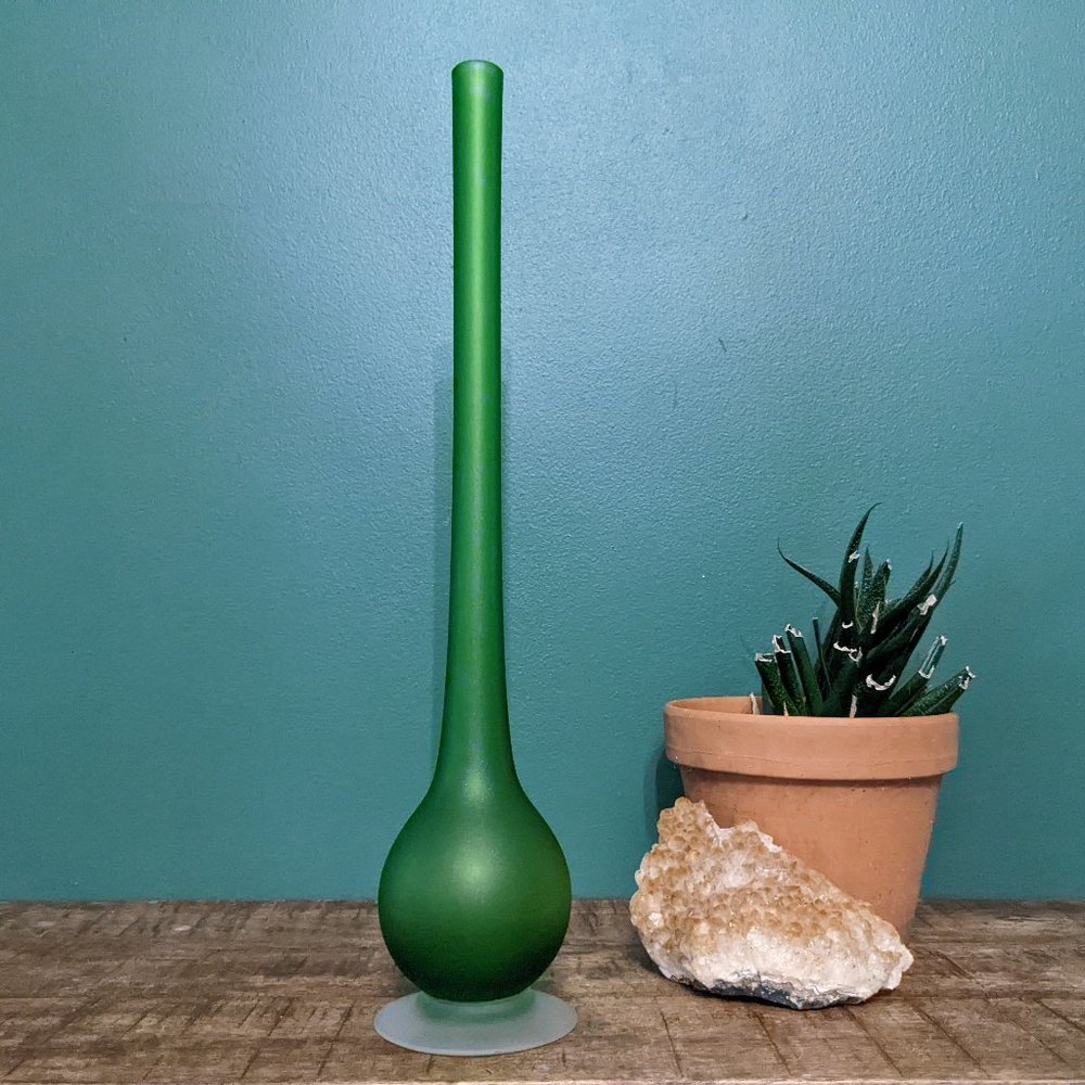 Vintage Carlo Moretti Green Satinato Glass Pencil-neck Bud Vase